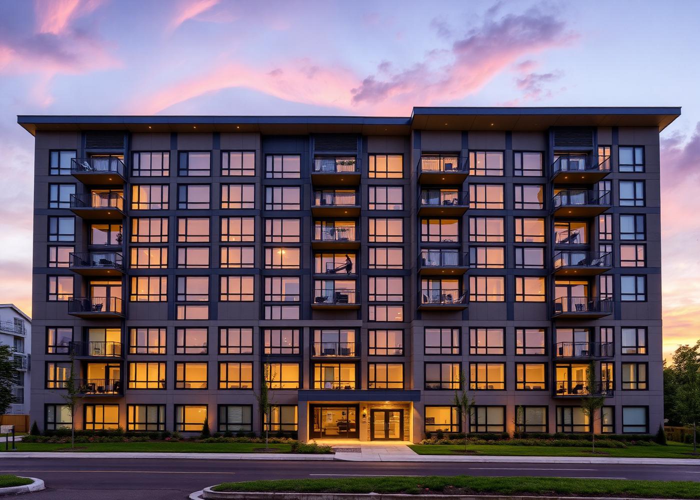 Modern multifamily apartment building at dusk